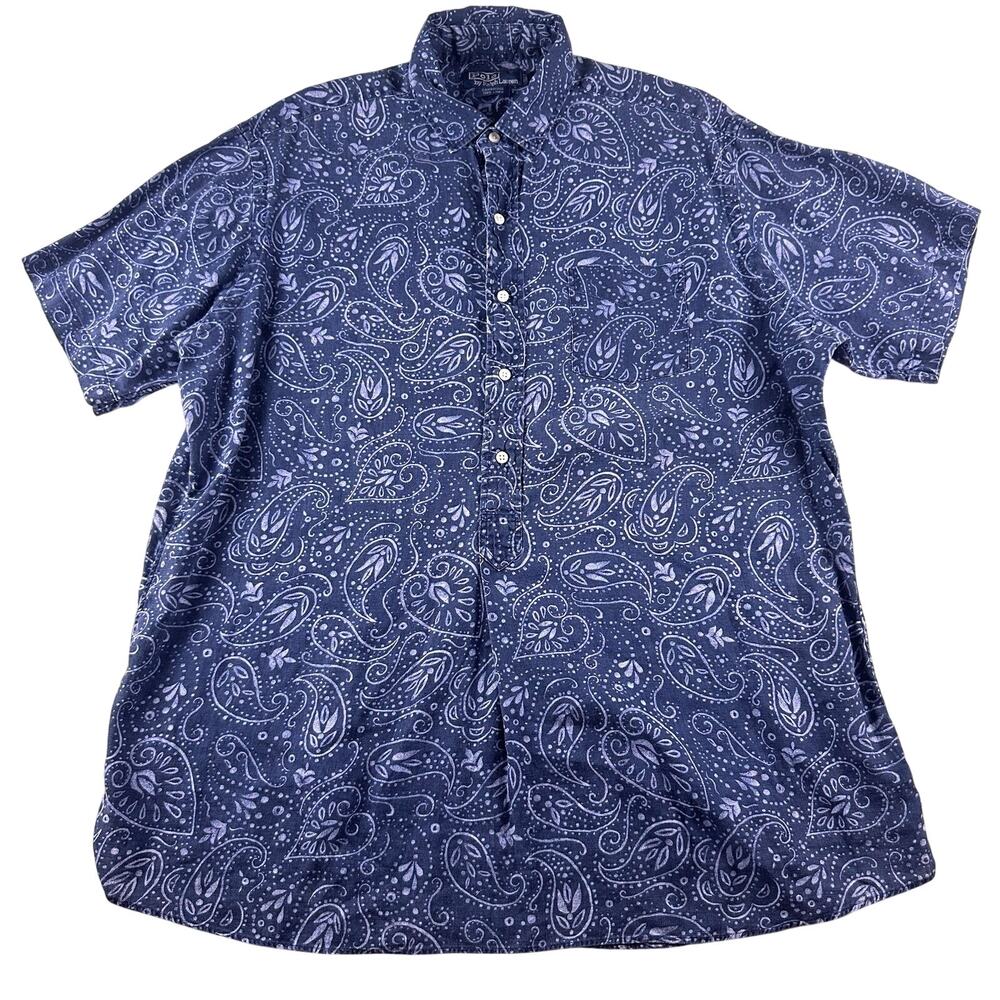 Polo Ralph Lauren 100% Linen Men’s Large 1/2 Button Up Paisley‎ Hawaiian Blue
